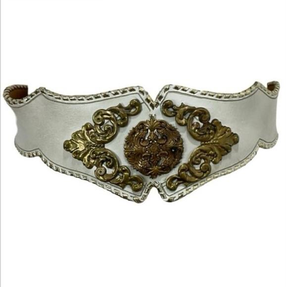 White Leather Embellished Ornate Belt XS